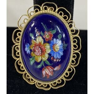 Vintage Hand Painted Gold Tone & Blue Enamel Floral Design Brooch Neck or Shawl